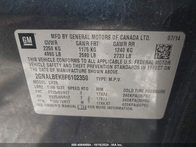 Chevrolet EQUINOX 1LT 2015 2GNALBEK8F6102350 Image 9