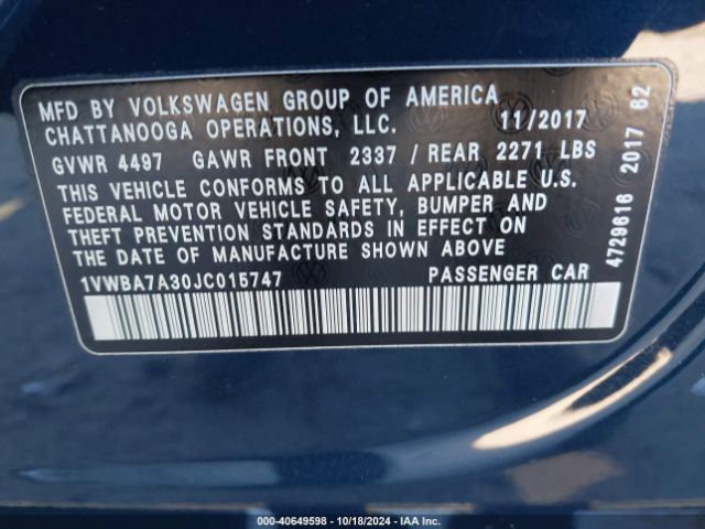 1VWBA7A30JC015747 Volkswagen Passat 2.0t Se