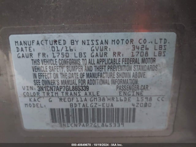 Nissan Versa 1.6 Sl 2016 3N1CN7AP7GL865339 Image 9