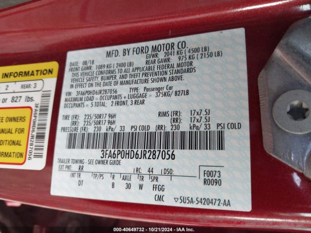 3FA6P0HD6JR287056 Ford FUSION SE