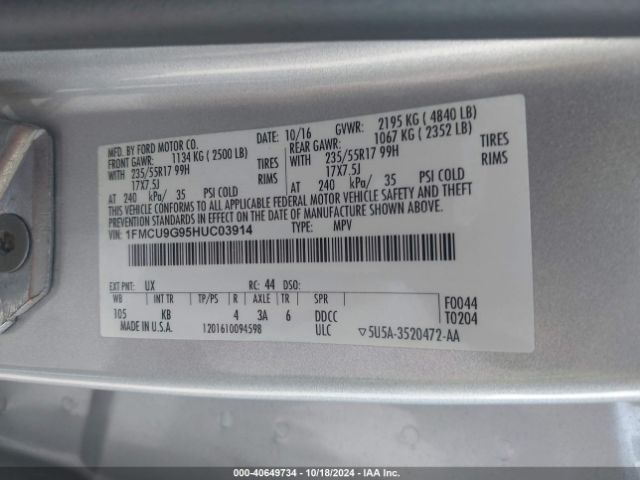 1FMCU9G95HUC03914 Ford ESCAPE SE