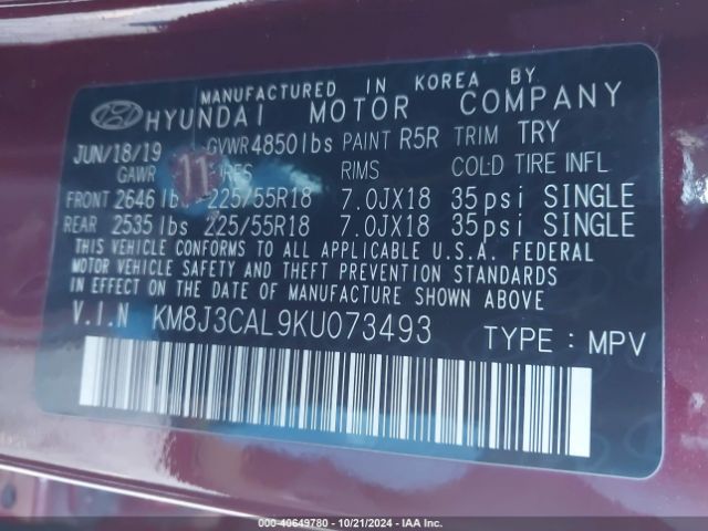 KM8J3CAL9KU073493 Hyundai TUCSON SEL