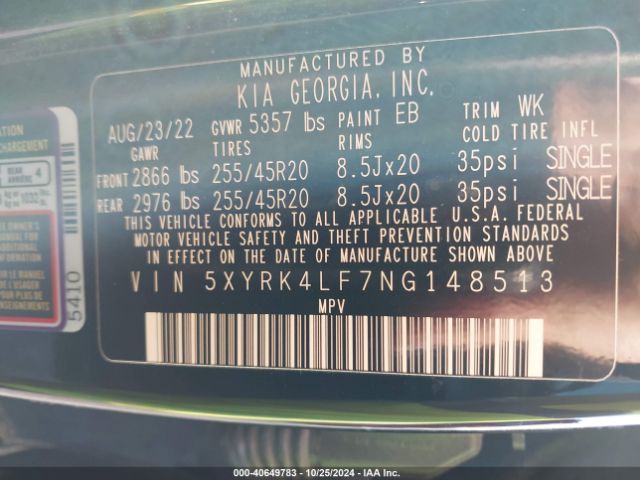 5XYRK4LF7NG148513 KIA SORENTO SX