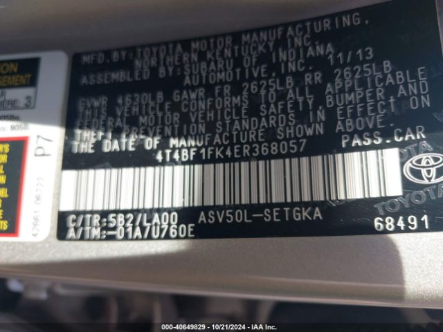 4T4BF1FK4ER368057 Toyota CAMRY XLE