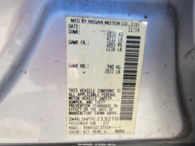 1N4AL3AP7FC219270 Nissan Altima 2.5/s/sv/sl