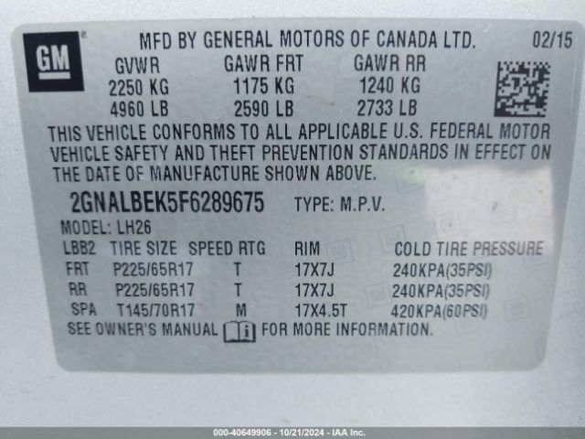 2GNALBEK5F6289675 Chevrolet EQUINOX 1LT