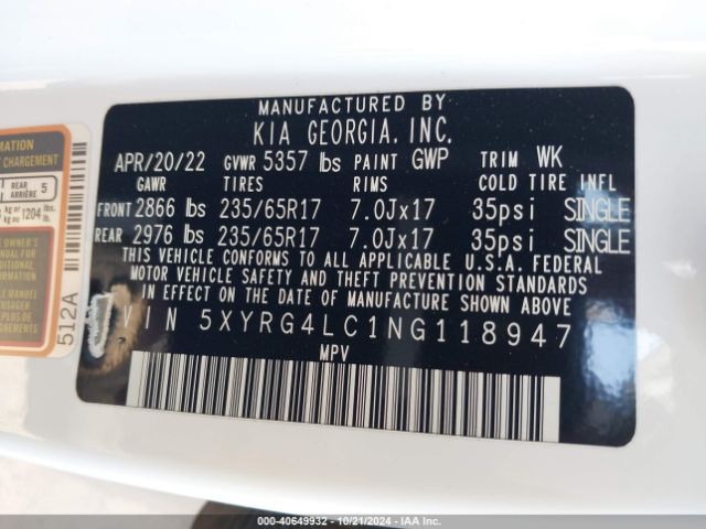 5XYRG4LC1NG118947 KIA SORENTO LX