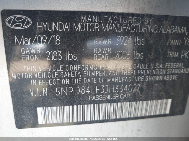 Hyundai ELANTRA SEL 2018 5NPD84LF3JH334027 Image 9