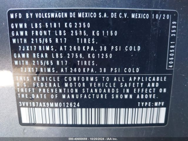 3VV1B7AX9MM012624 Volkswagen TIGUAN S