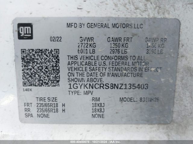 1GYKNCRS8NZ135403 Cadillac Xt5 Fwd Premium Luxury