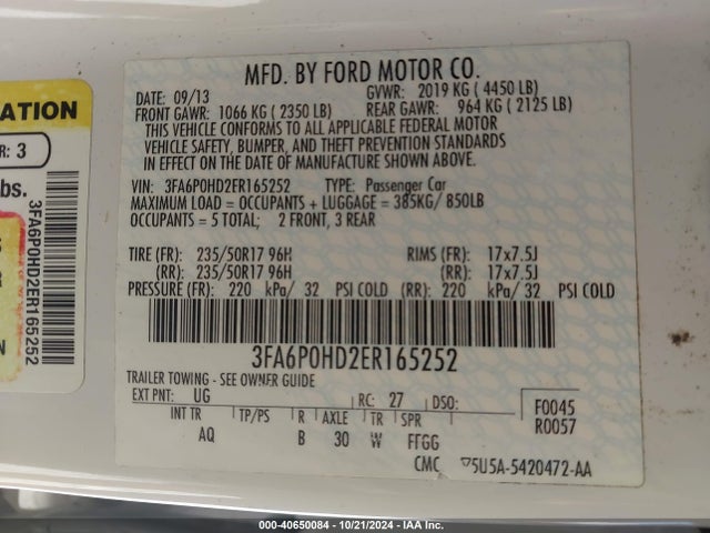 Ford FUSION SE 2014 3FA6P0HD2ER165252 Image 9