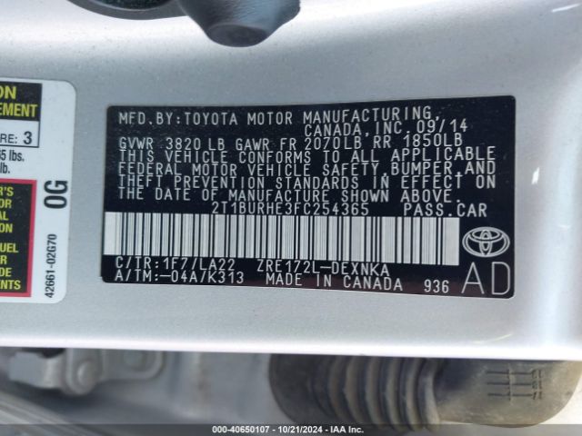 2T1BURHE3FC254365 Toyota Corolla Le Premium