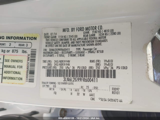 Lincoln MKZ 2015 3LN6L2G99FR600411 Image 9
