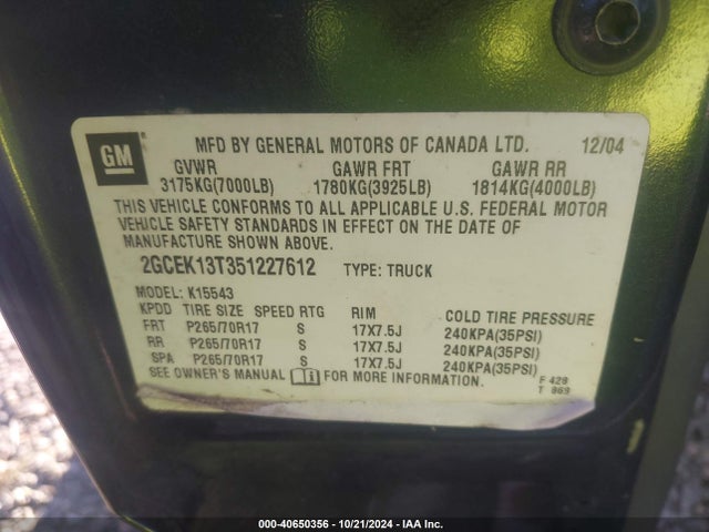 40650356 :رقم المزاد ، 2GCEK13T351227612 vin ، 2005 Chevrolet Silverado 1500 Lt مزاد بيع