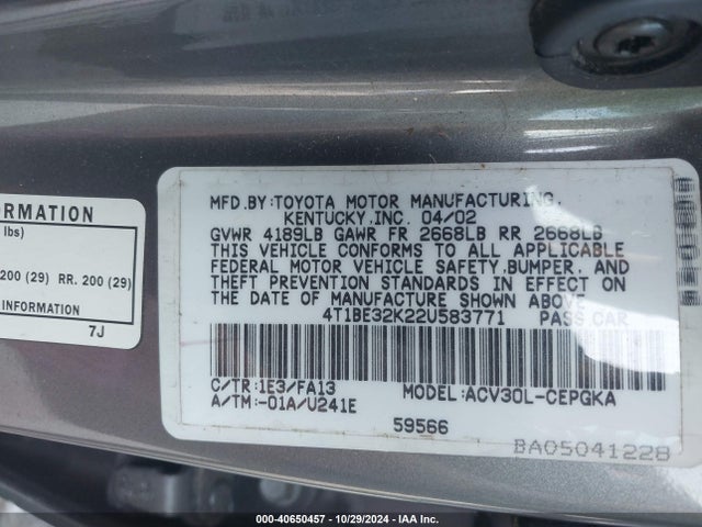 Aukcja sprzedaży 2002 Toyota Camry Xle, vin: 4T1BE32K22U583771, numer aukcji: 40650457