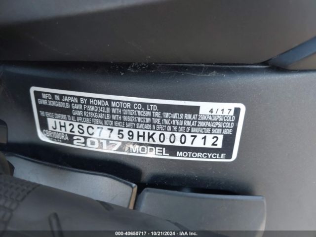 2017 HONDA CBR1000 JH2SC7759HK000712 Photo 9