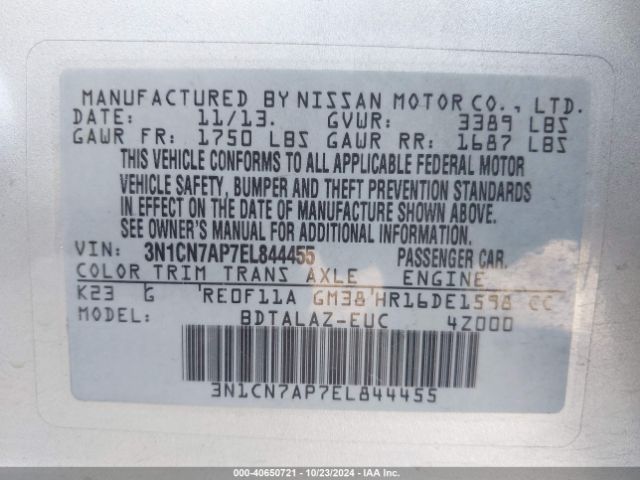 3N1CN7AP7EL844455 Nissan Versa 1.6 S+