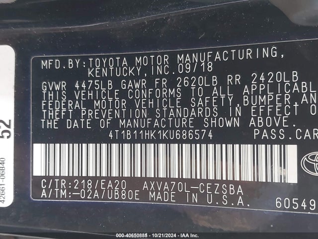 4T1B11HK1KU686574 Toyota CAMRY SE