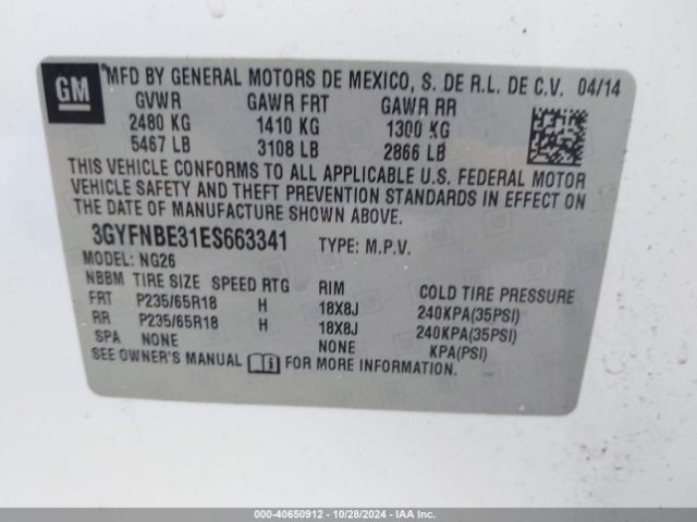 3GYFNBE31ES663341 Cadillac Srx Luxury Collection