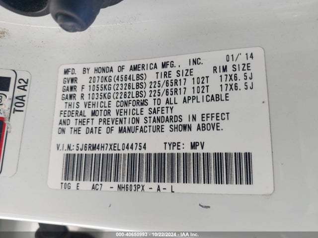 Honda Cr-v Ex-l 2014 5J6RM4H7XEL044754 Image 9