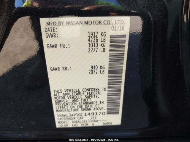 1N4AL3AP1GC149170 Nissan Altima 2.5/2.5 S/2.5 Sl/2.5 Sr/2.5 Sv