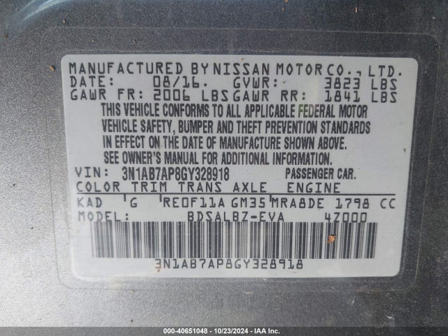 Nissan SENTRA S 2016 3N1AB7AP8GY328918 Image 9