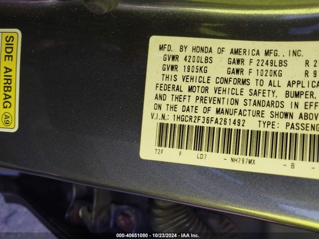 Honda ACCORD LX 2015 1HGCR2F36FA261492 Image 9