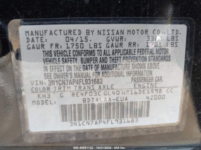 3N1CN7AP4FL931683 Nissan Versa 1.6 S