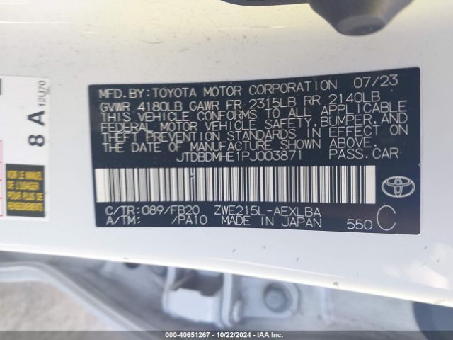 JTDBDMHE1PJ003871 Toyota Corolla Hybrid Le
