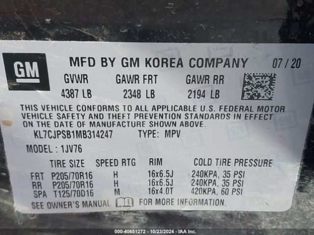 KL7CJPSB1MB314247 Chevrolet Trax Awd Lt