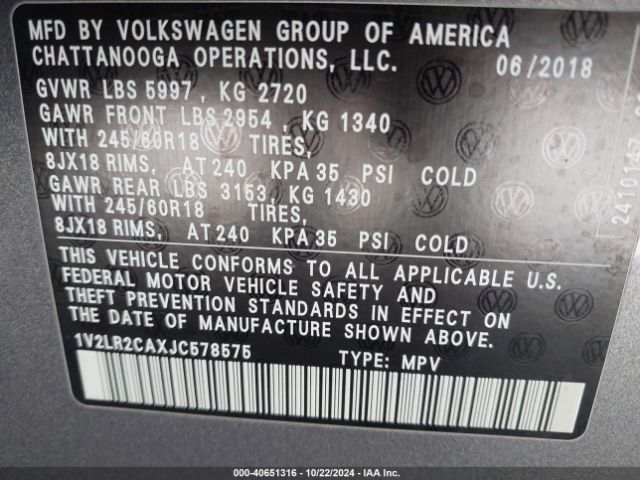 1V2LR2CAXJC578575 Volkswagen Atlas 3.6l V6 Se/3.6l V6 Se W/technology