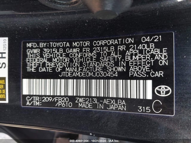 Toyota Corolla Hybrid Le 2021 JTDEAMDE0MJ030454 Image 9