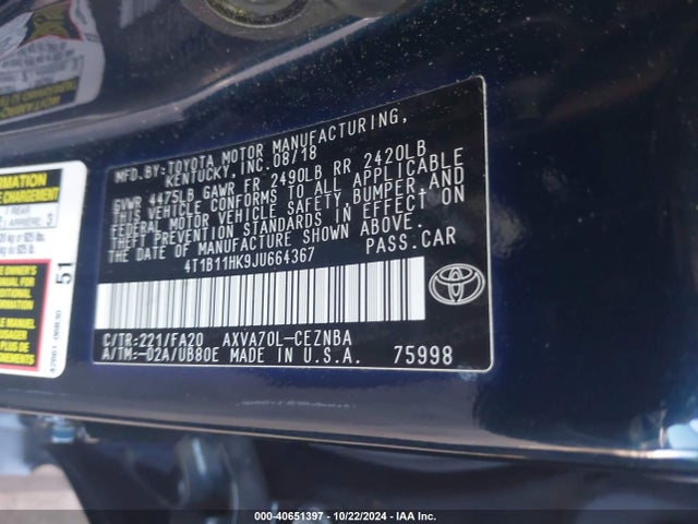 4T1B11HK9JU664367 Toyota CAMRY LE