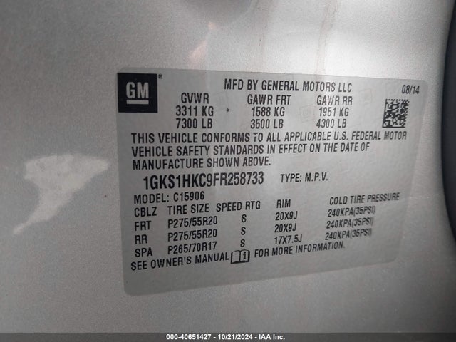 1GKS1HKC9FR258733 GMC Yukon Xl 1500 Slt