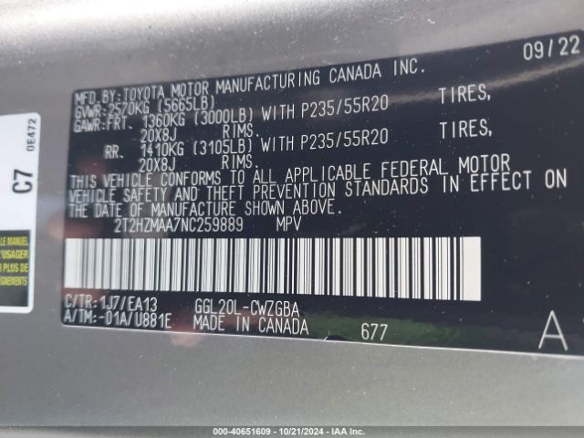2T2HZMAA7NC259889 Lexus RX 350