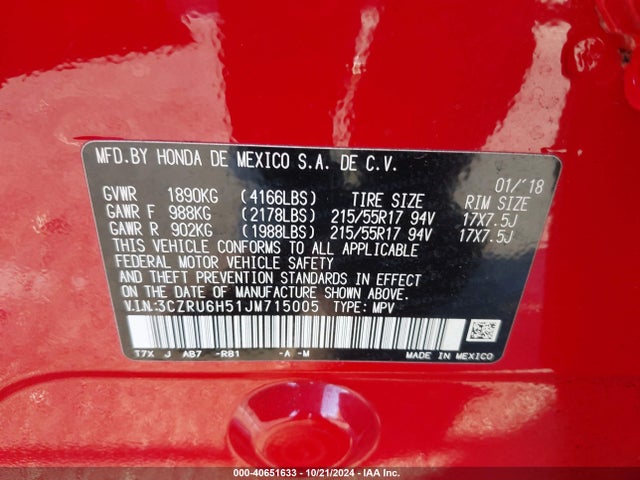 Honda HR-V EX 2018 3CZRU6H51JM715005 Image 9