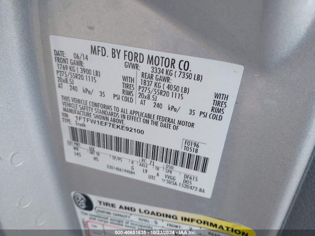Ford F-150 Lariat 2014 1FTFW1EF7EKE92100 Image 9