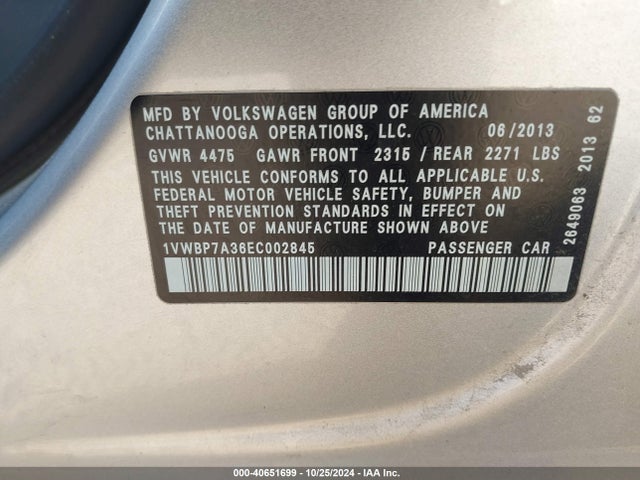 1VWBP7A36EC002845 Volkswagen Passat 2.5l Se