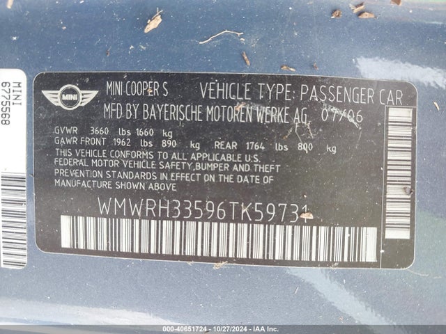 2006 MINI COOPER S WMWRH33596TK59731 Photo 8
