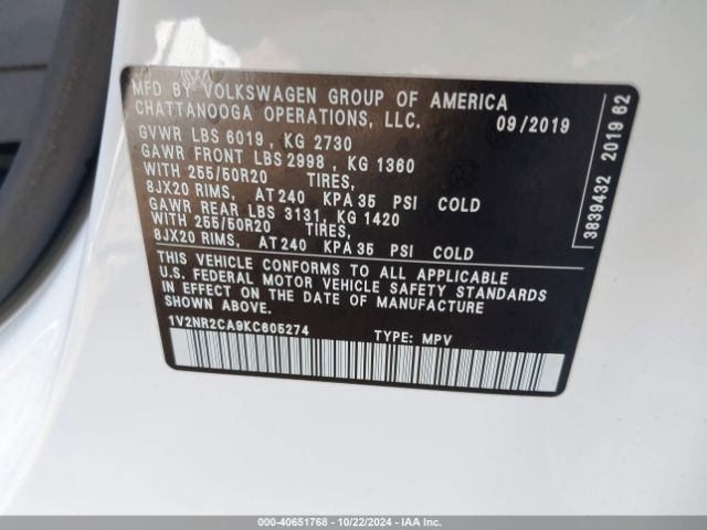 1V2NR2CA9KC605274 Volkswagen Atlas 3.6l V6 Sel Premium