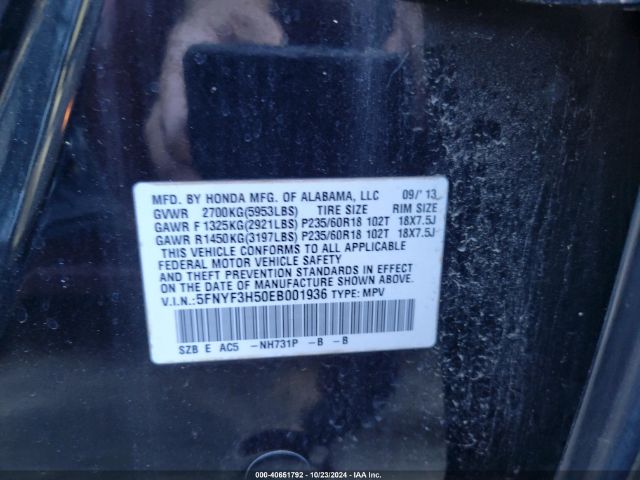 5FNYF3H50EB001936 Honda PILOT EXL