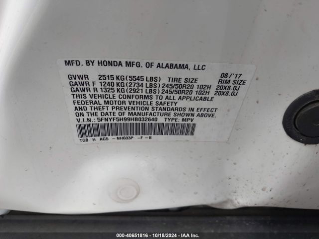 5FNYF5H99HB032640 Honda Pilot Touring
