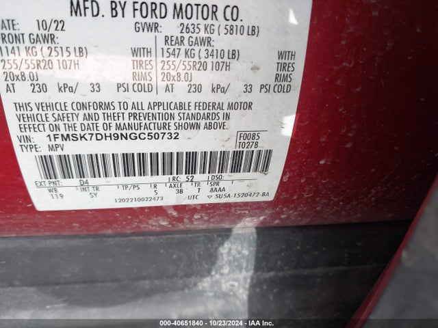 Ford EXPLORER XLT 2022 1FMSK7DH9NGC50732 Image 9