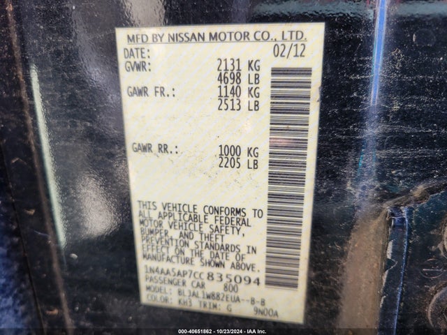 Продаж на аукціоні авто 2012 Nissan Maxima S/sv, vin: 1N4AA5AP7CC835094, номер лоту: 40651862