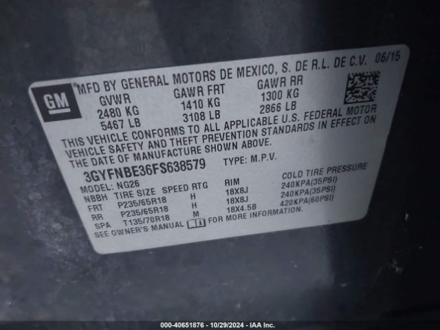 3GYFNBE36FS638579 Cadillac Srx Luxury Collection