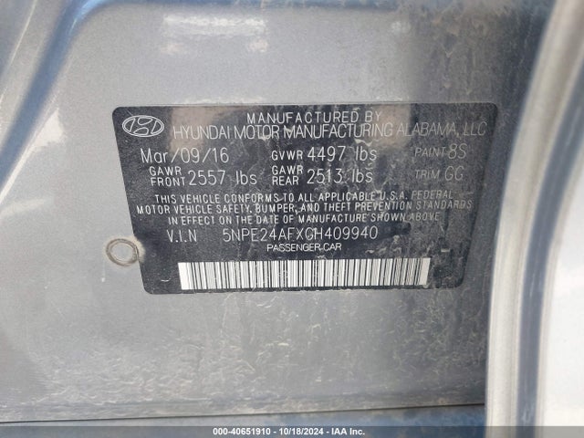 Hyundai Sonata 2016 5NPE24AFXGH409940 Image 9