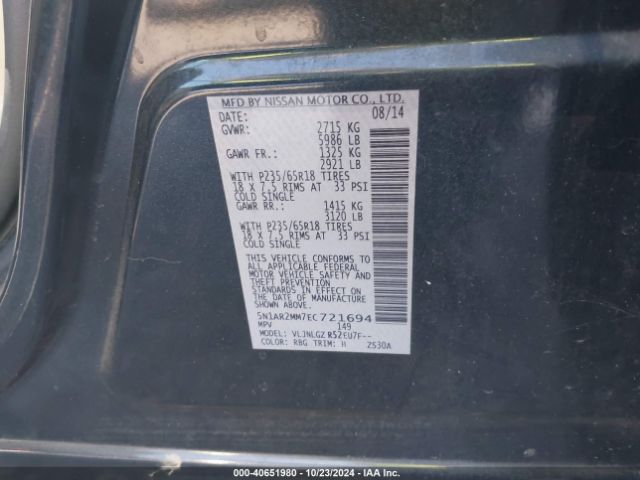 5N1AR2MM7EC721694 Nissan Pathfinder Sl