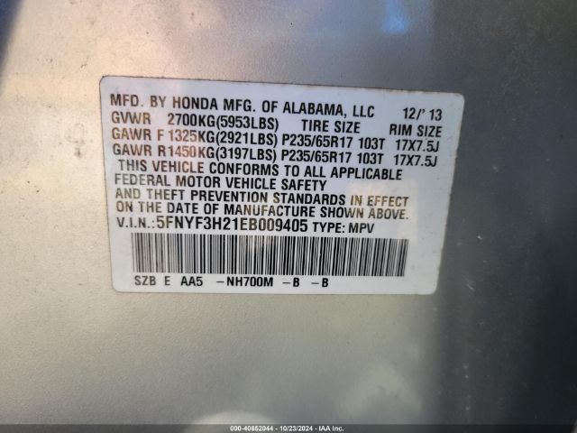 5FNYF3H21EB009405 Honda PILOT LX