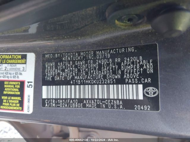 4T1B11HK0KU232851 Toyota CAMRY LE
