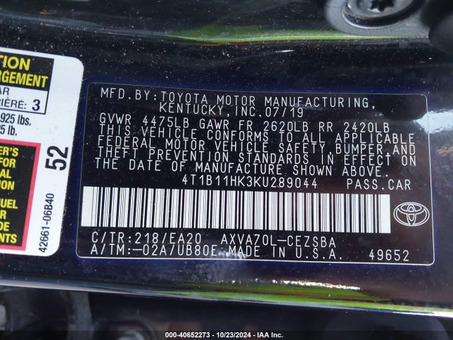 Toyota CAMRY SE 2019 4T1B11HK3KU289044 Image 9